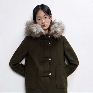 Zara Military green hooded jacket with detachable faux fur